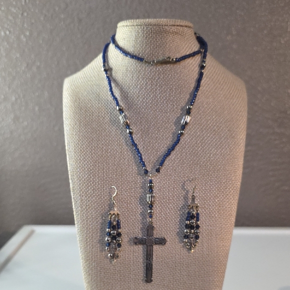 Blue and Silver Beaded Necklace and Earring Set With Cross Pendant - Picture 1 of 7